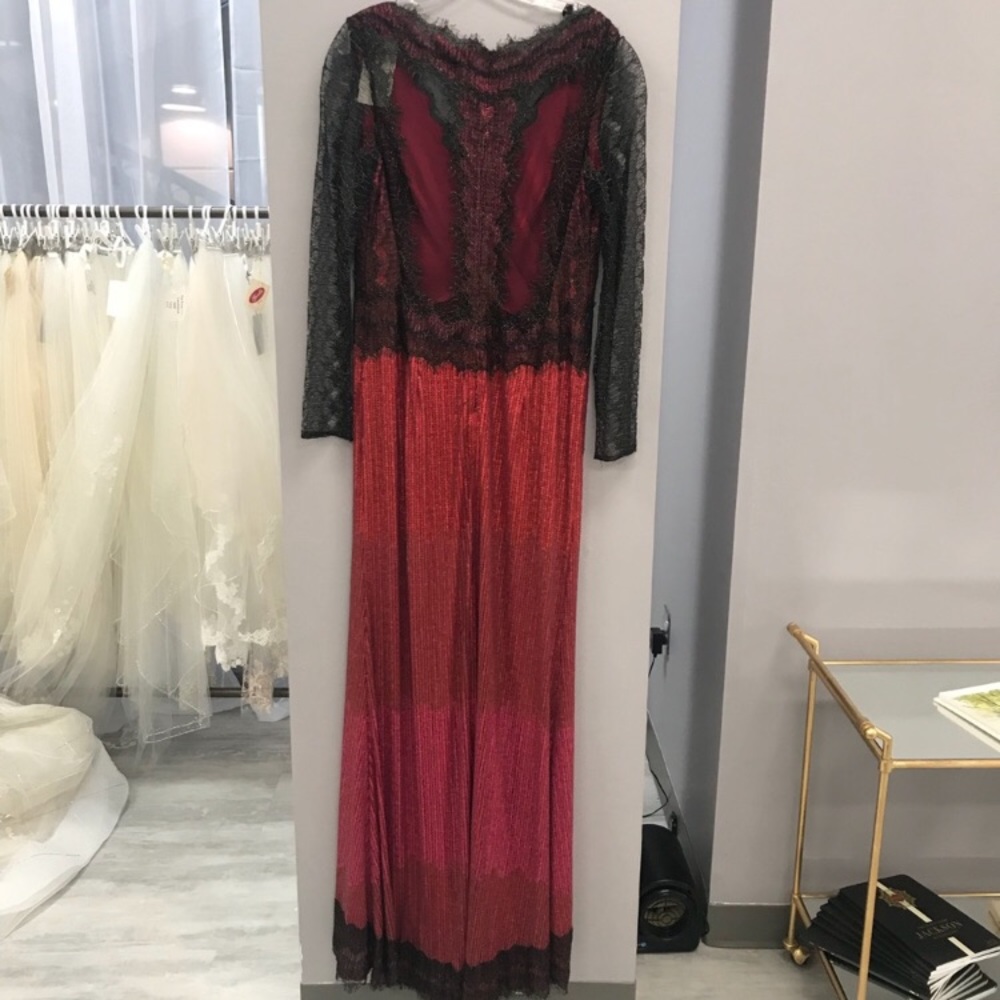 Metallic Chantilly Lace Over Sequin Lace Long Sleeve Gown - Picture 12 of 12